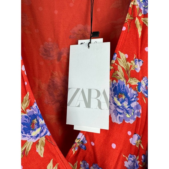 Zara Wrap Mini Dress Sz Small Red Blue Floral Long Sleeve Ruched Stretch‎ A-Line - Picture 7 of 12
